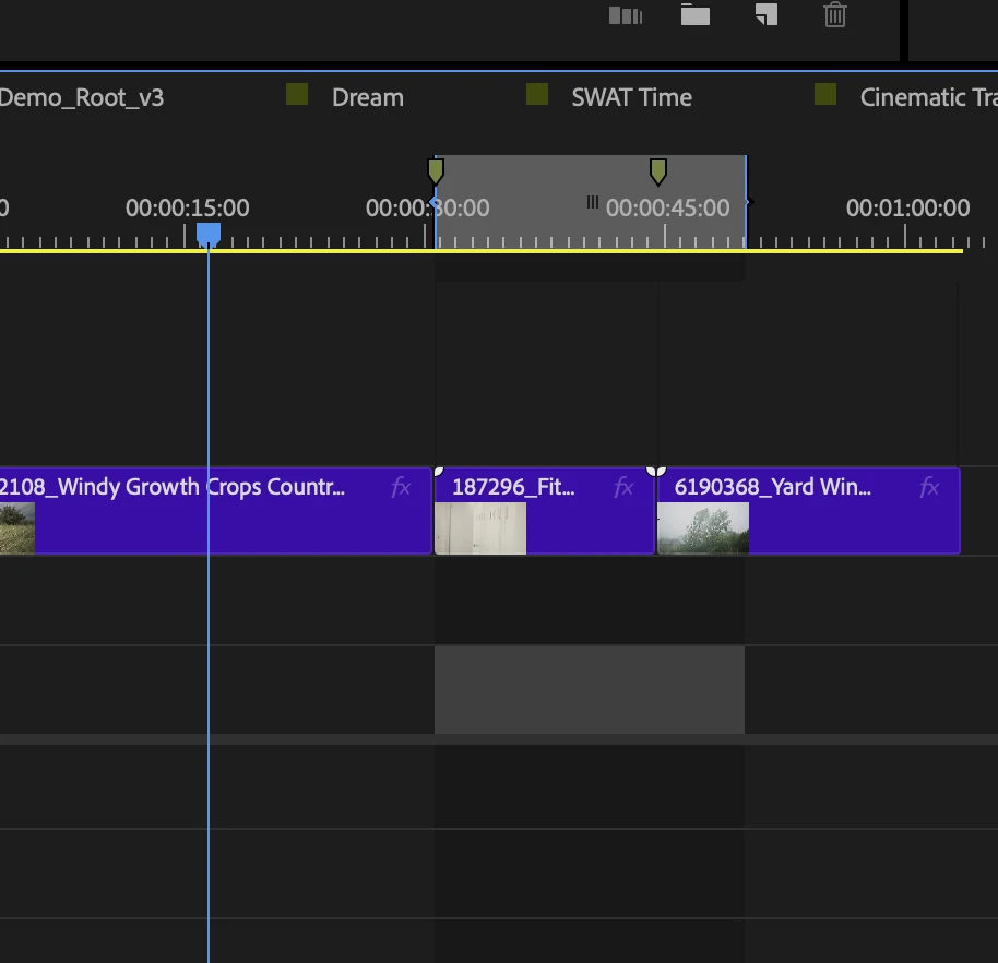 Selecting an in and out region on the Premiere timeline