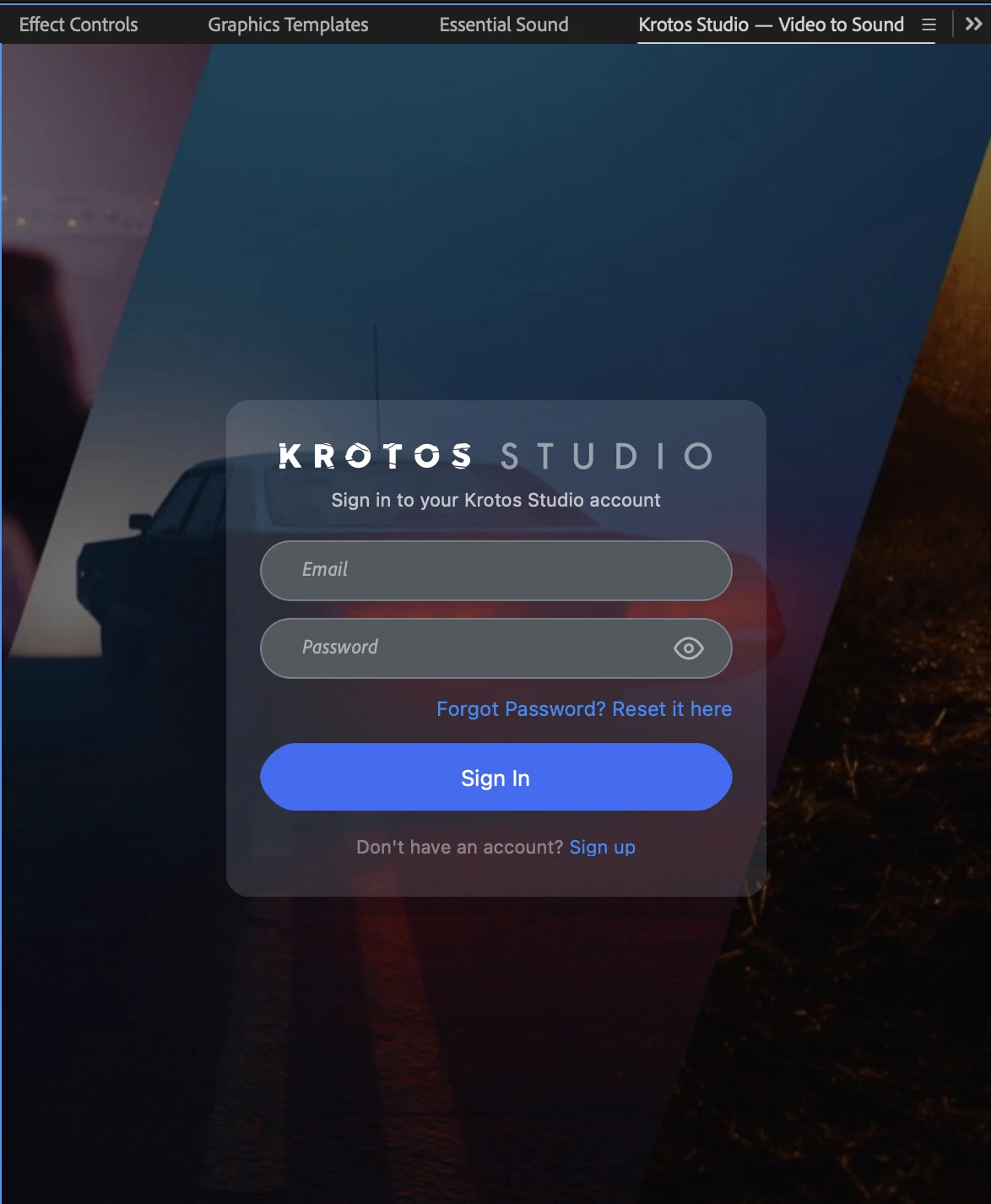 Krotos Studio login screen inside the Premiere plugin