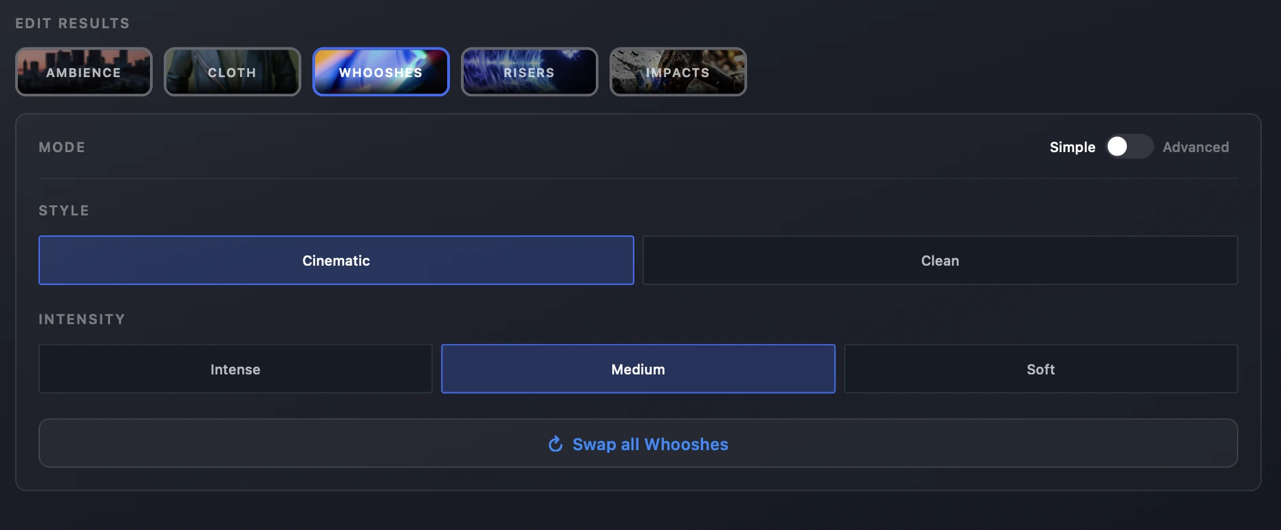 Whooshes Advanced mode showing the grid and swap options