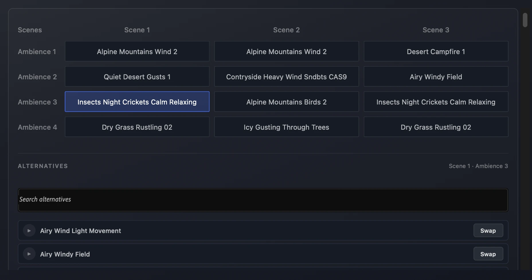 Ambiences grid in the Results tab showing swap options