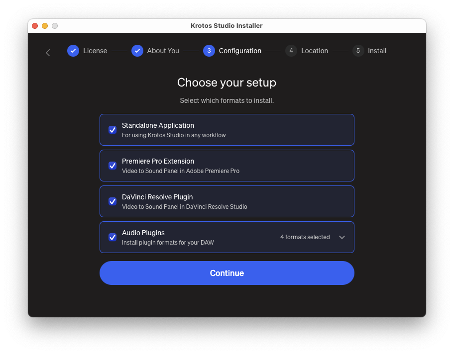 Krotos Studio installer setup screen with the DaVinci Resolve Plugin option ticked