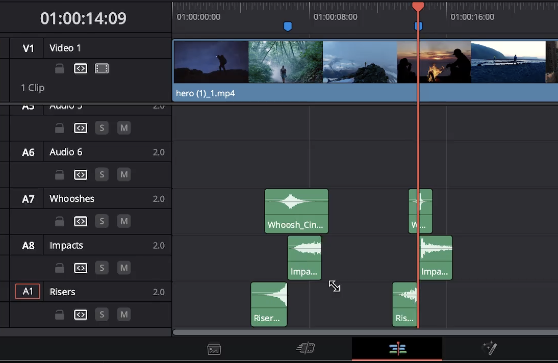DaVinci Resolve timeline with Whooshes, Impacts and Risers tracks filled with synced sound effects