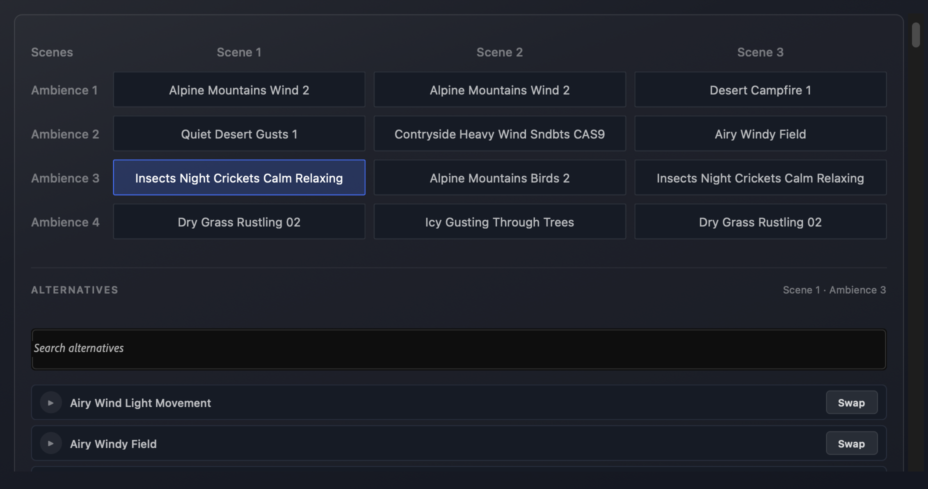 Video to Sound ambience swap grid with a searchable list of alternative sound effects