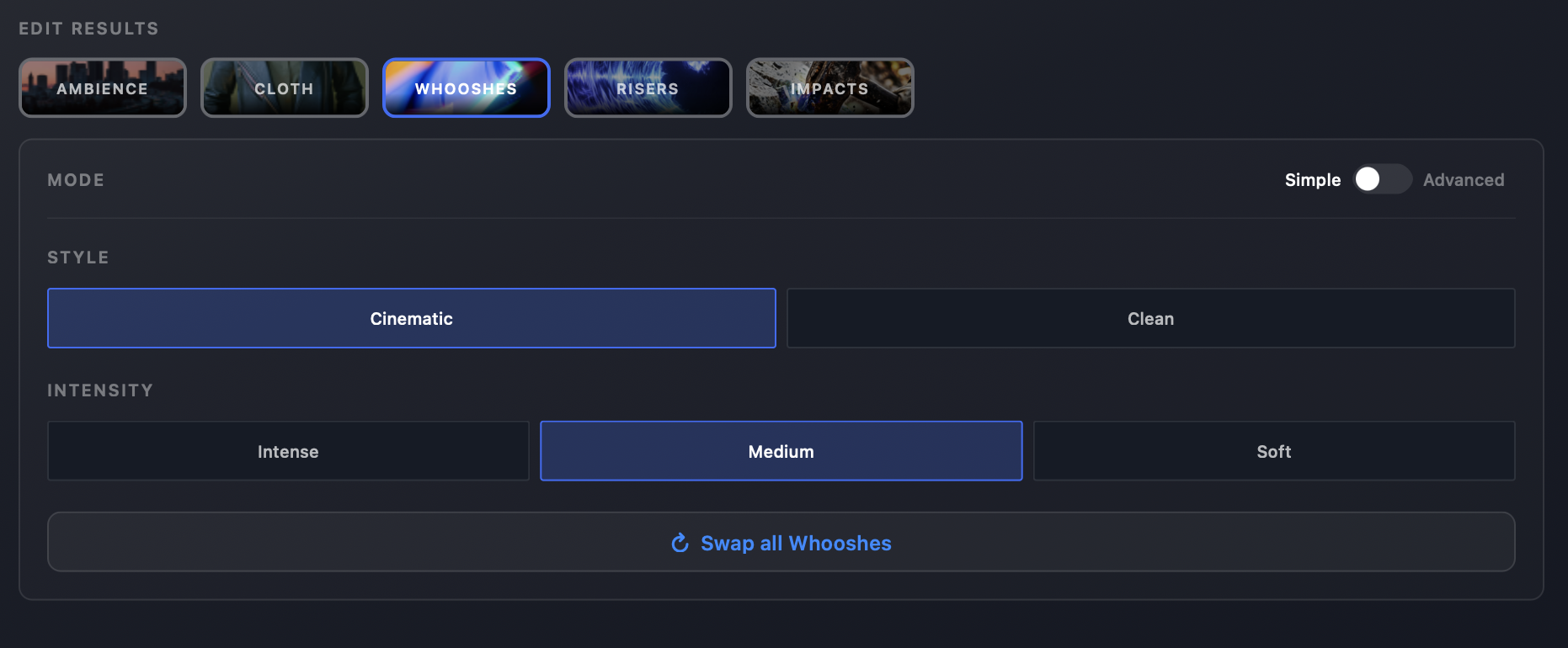 Video to Sound Simple mode for Whooshes showing Style and Intensity options and Swap all