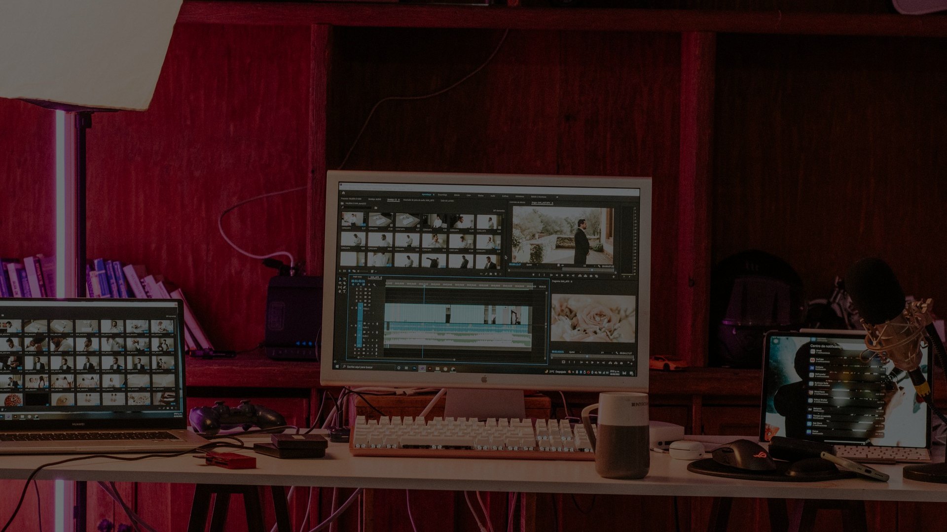Studio workspace with monitors and microphones