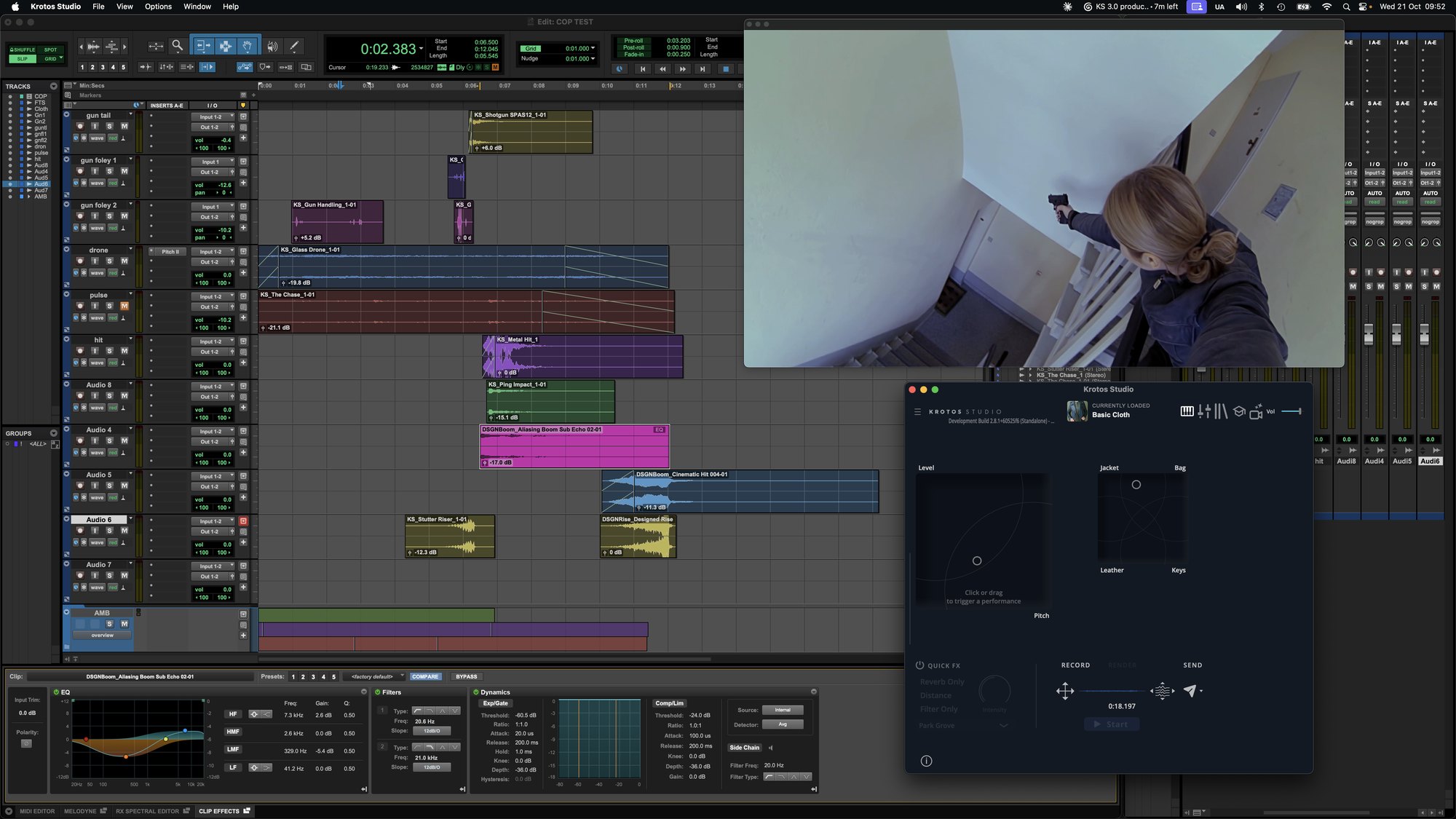 Krotos Studio sized down beside a Pro Tools edit window with a gun foley session