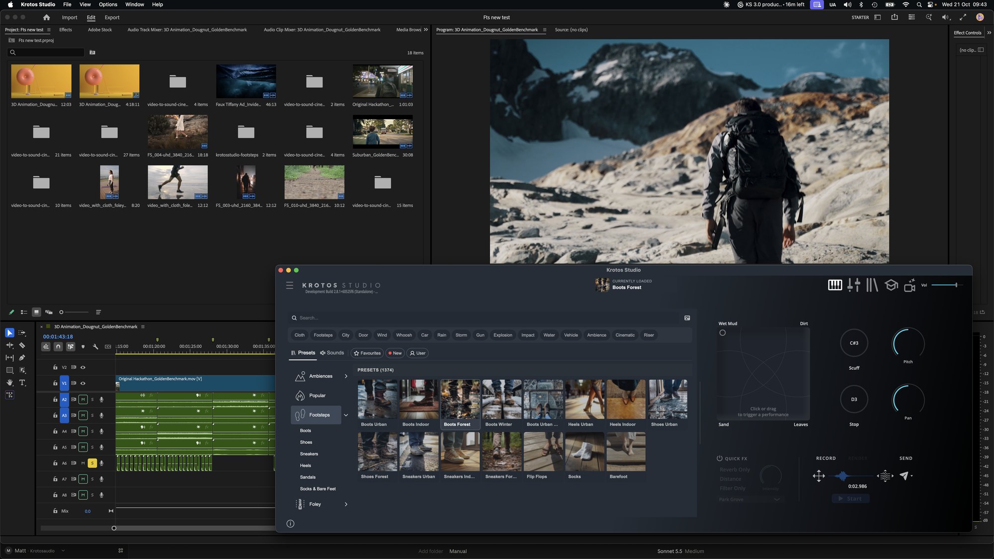 Krotos Studio resized beside Adobe Premiere Pro with the Footsteps presets open