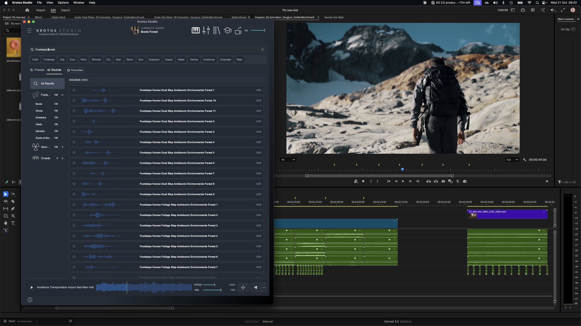 Krotos Studio Sounds tab resized beside Adobe Premiere Pro