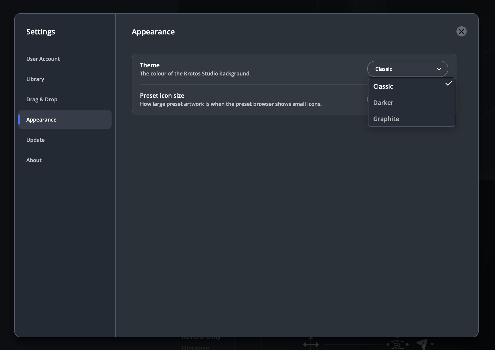 Krotos Studio Settings Appearance panel with Classic, Darker and Graphite theme options