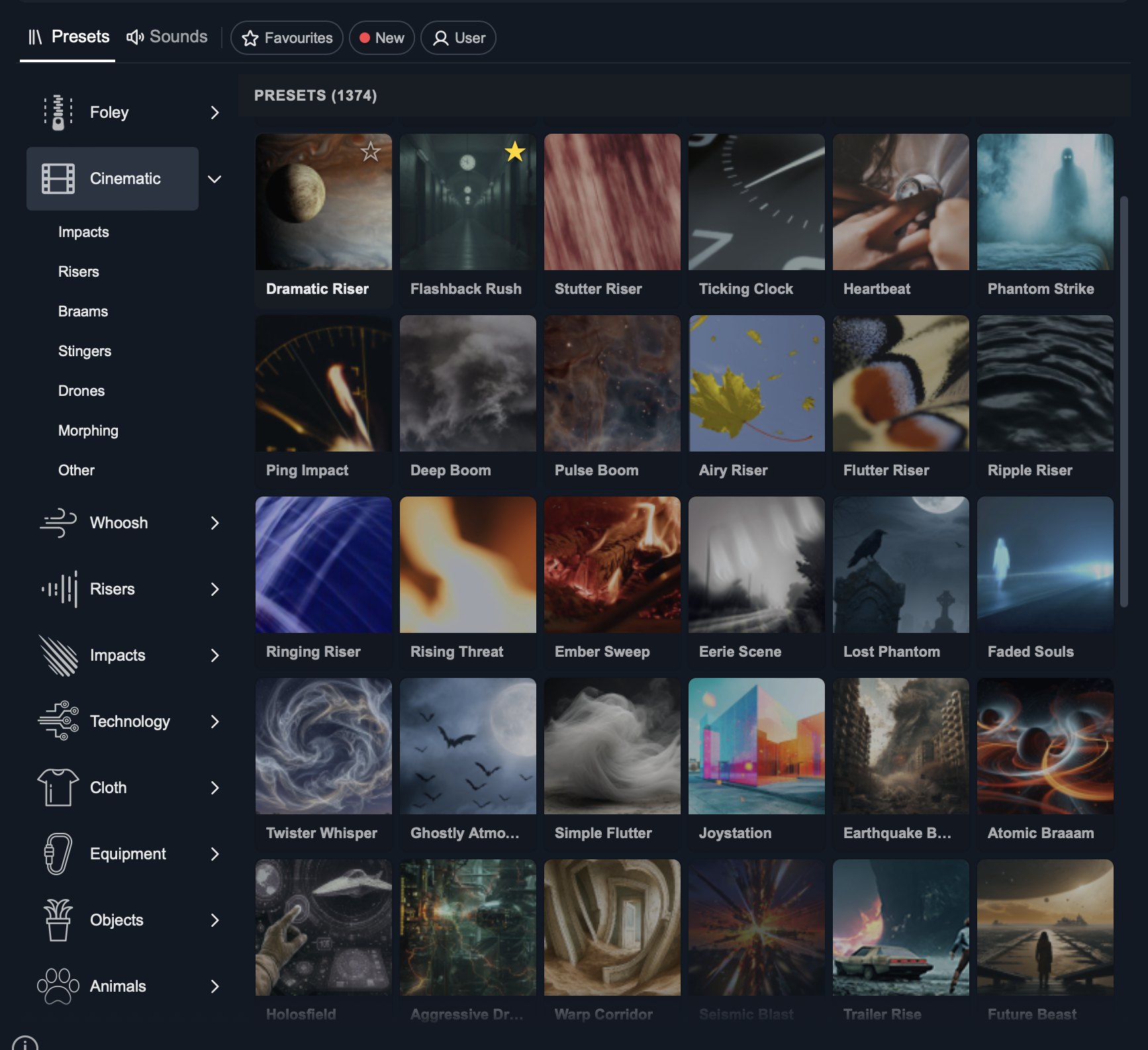 Krotos Studio preset browser in grid mode showing Cinematic presets