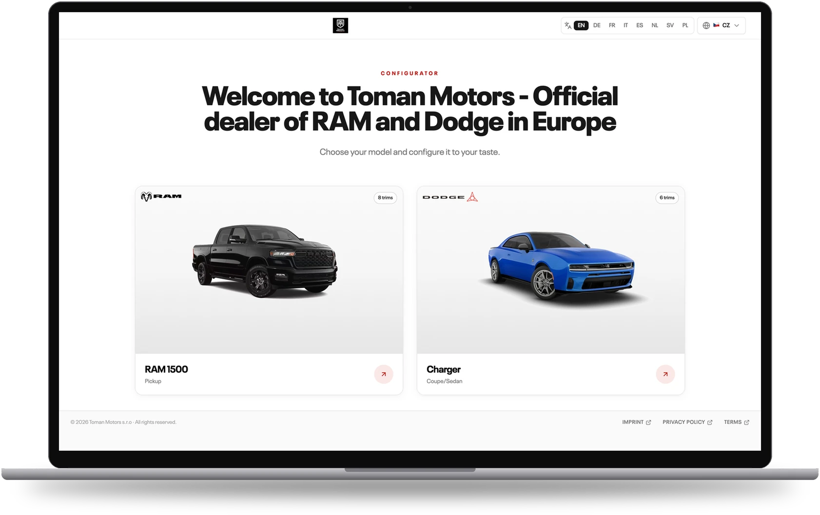 Konfigurátor RAM a Dodge od Toman Motors na notebooku