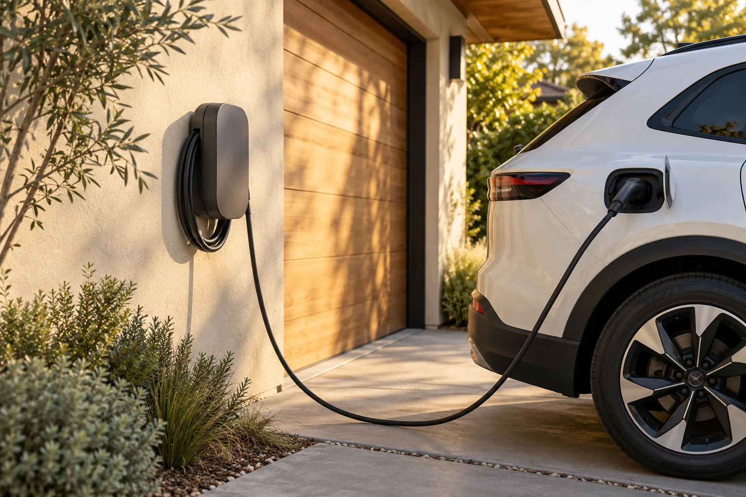 Illustration of a home charger beside an electric car in a residential driveway