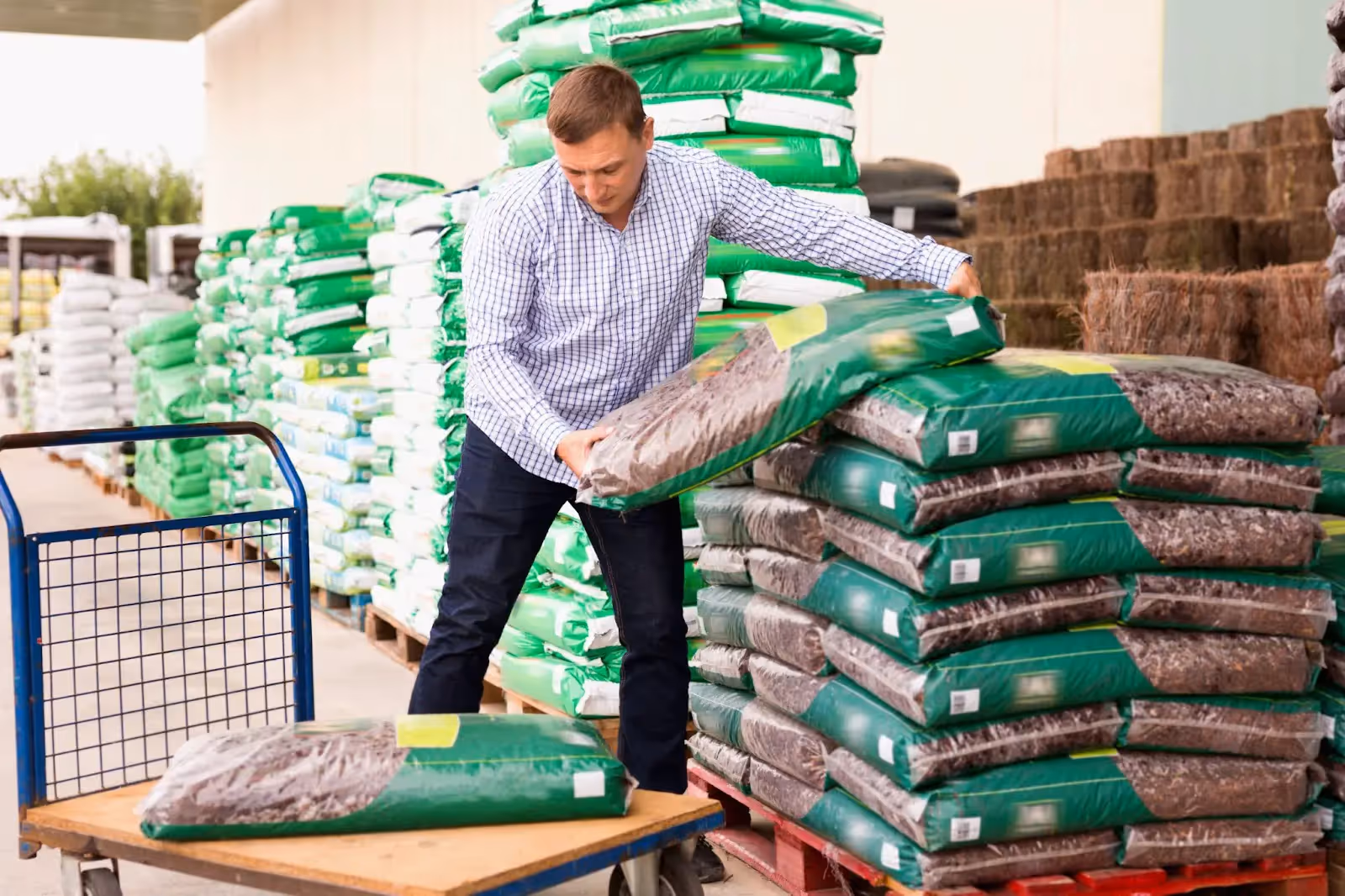 A grow buying the best soil for cannabis at a grow shop. 