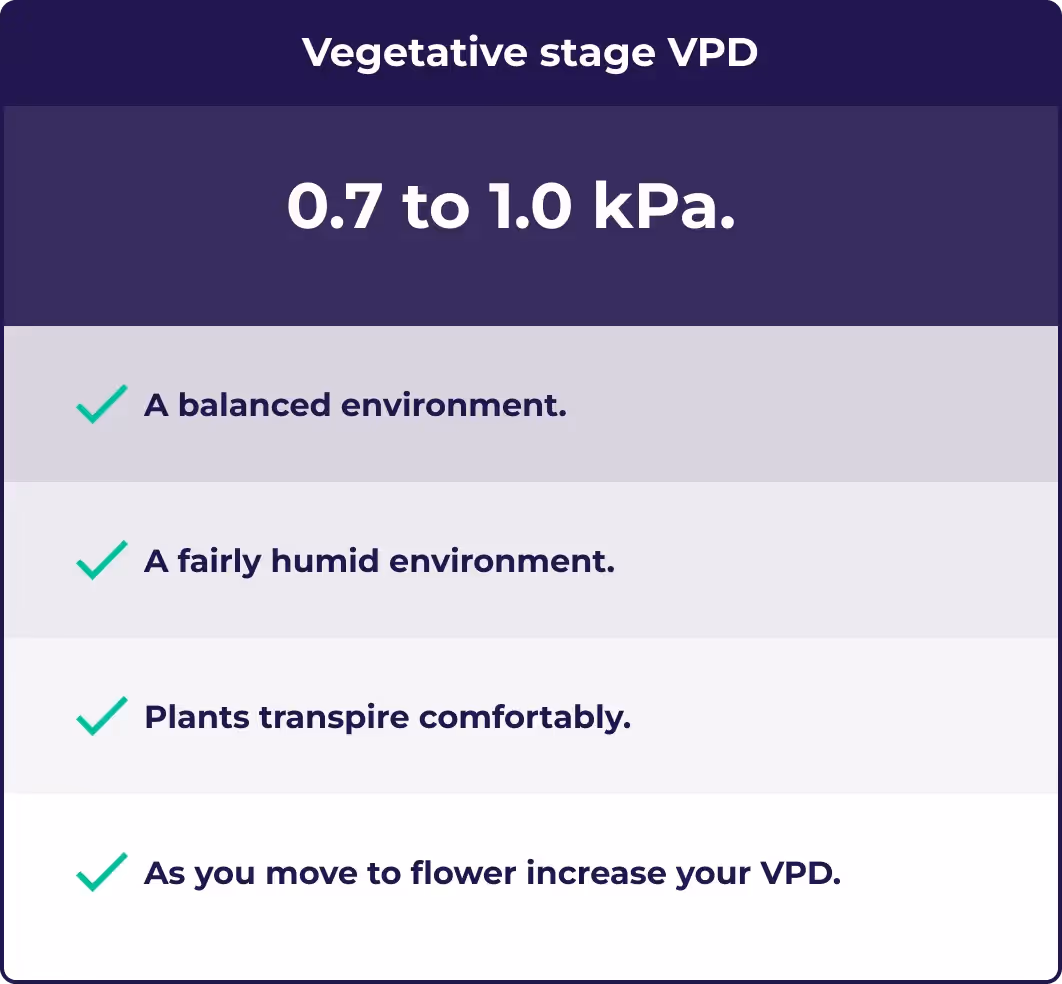 An illustration showing the target VPD for veg and the effects it has in the grow room.