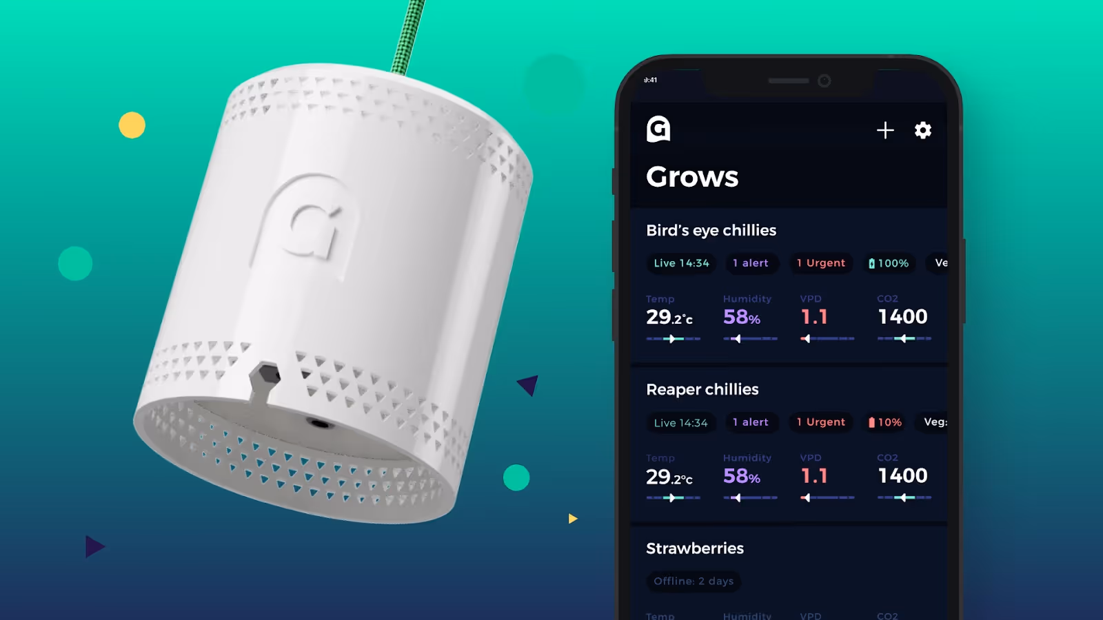 The Grow Sensor in front of the Grow app showing environmental data