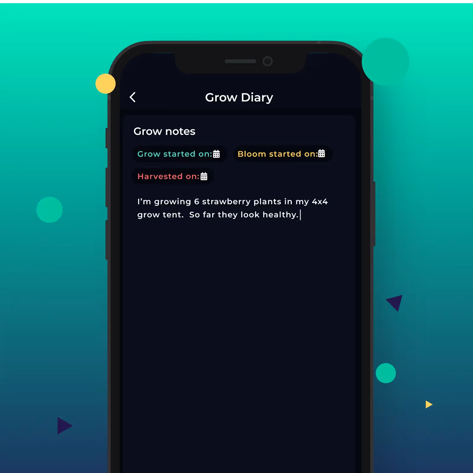 The Grow Sensor app showing the Grow Diary feature for crop registration