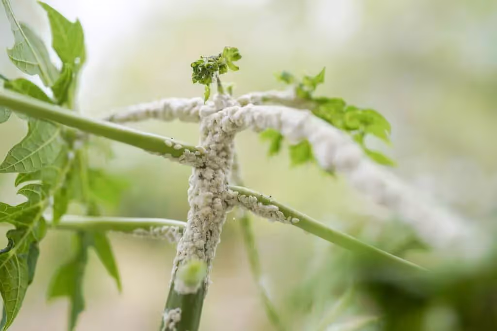 Mealy bug infestation on the stem of a plant