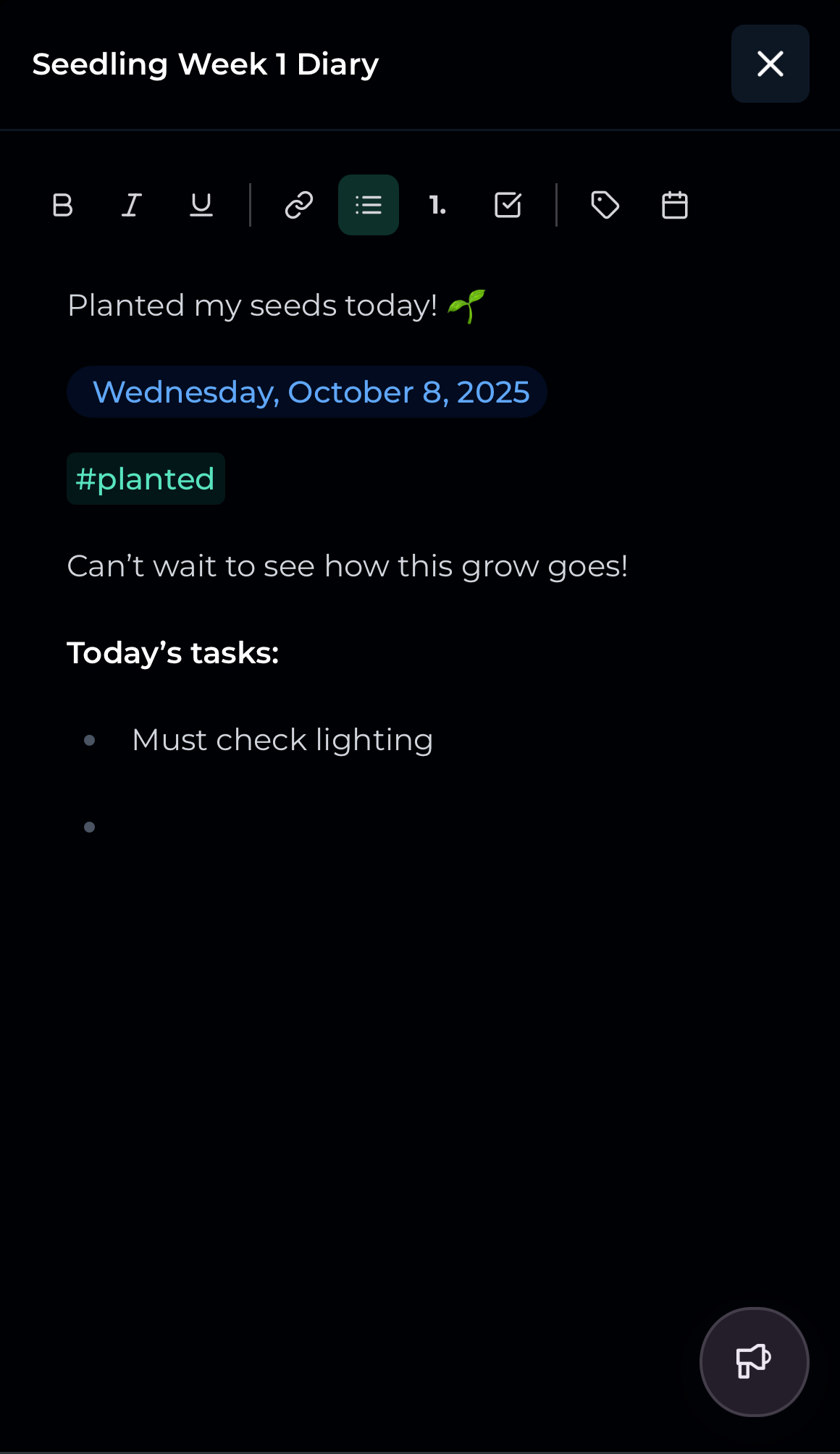 GrowOps diary entry on mobile