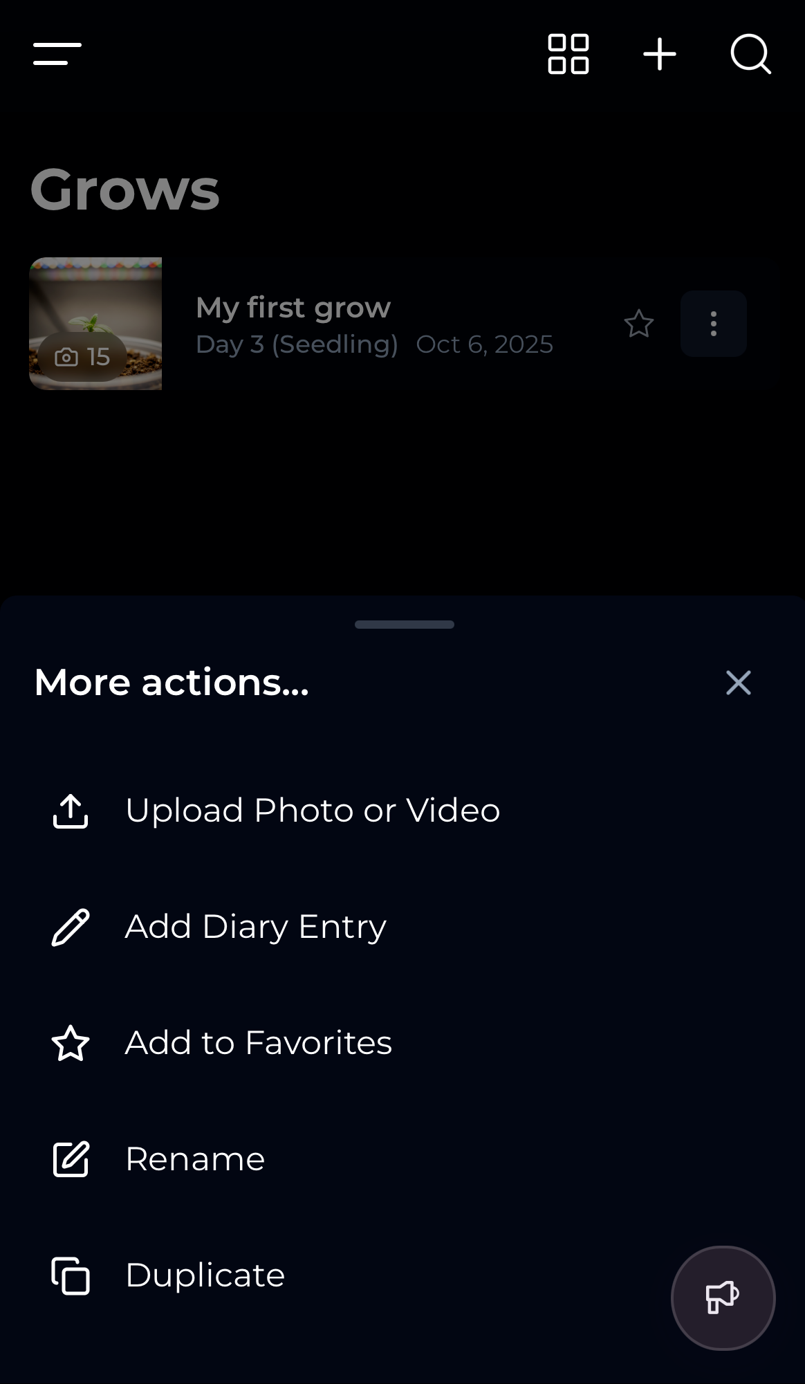 Quick actions from the GrowOps grows dashboard