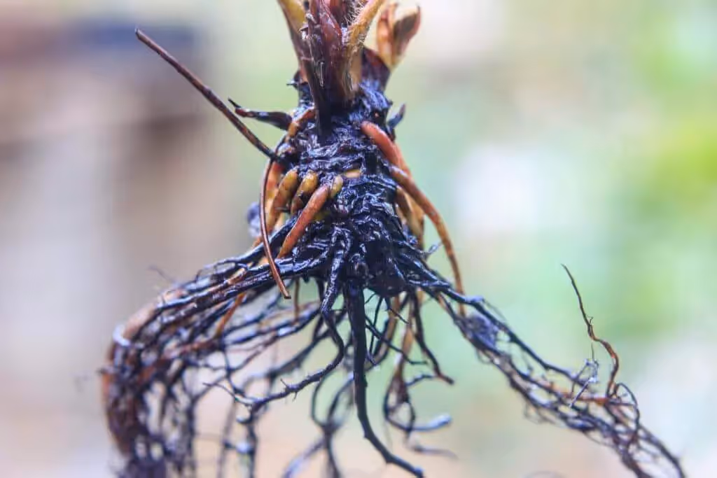 Rotting roots of a plant suffering from root rot