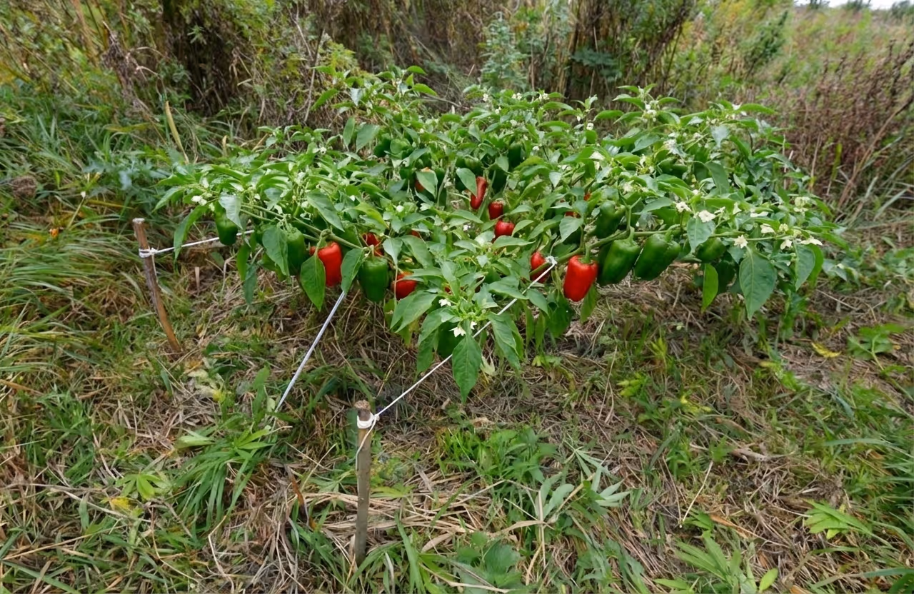 A flowering pepper plant that has had low stress training. 