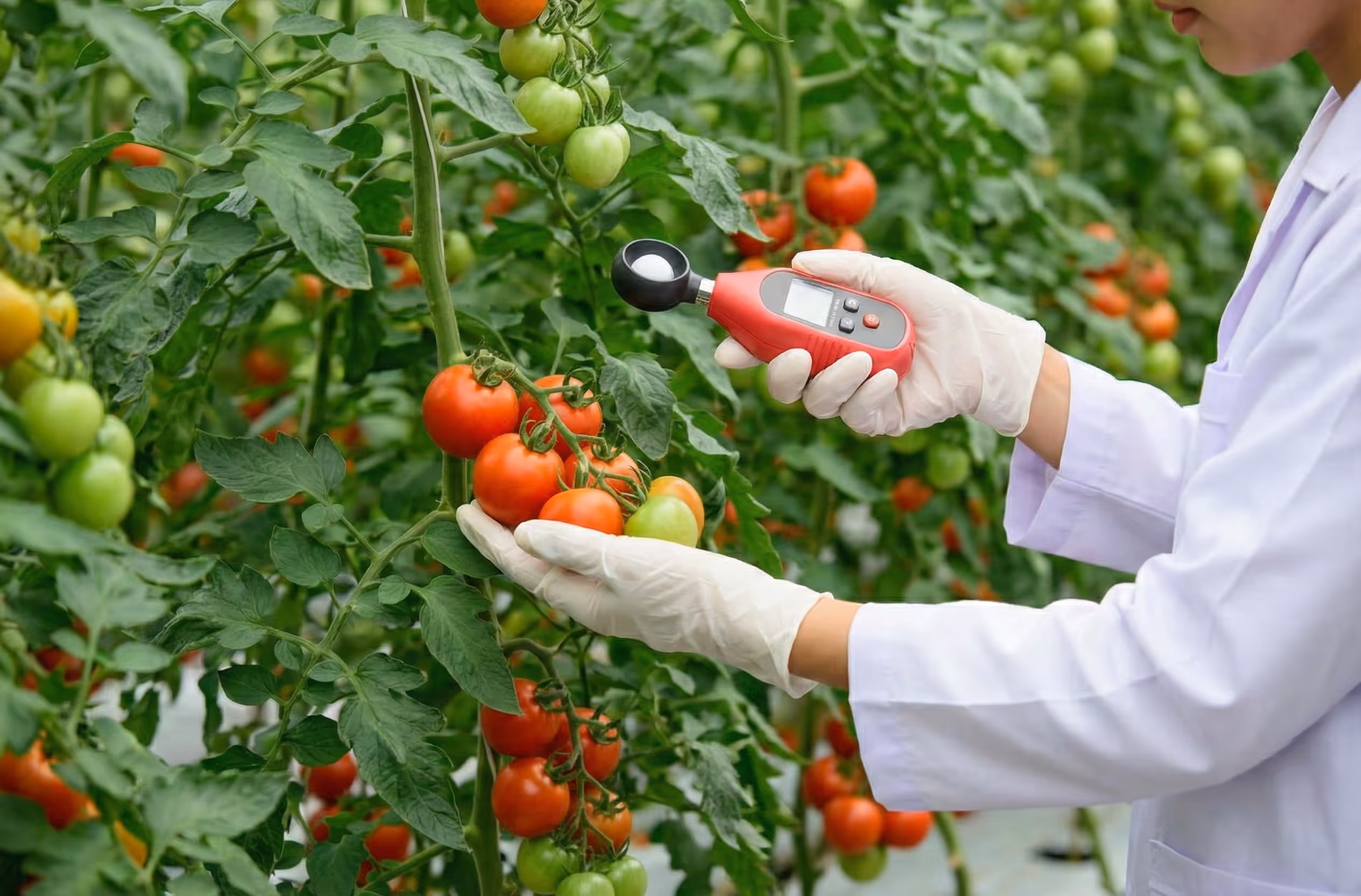 An IR heat gun measuring the temperature of a tomato leaf.