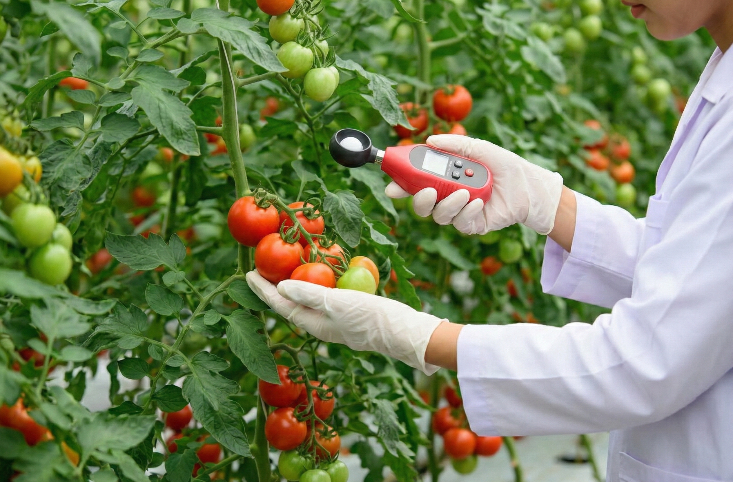 An IR heat gun measuring the temperature of a tomato leaf.