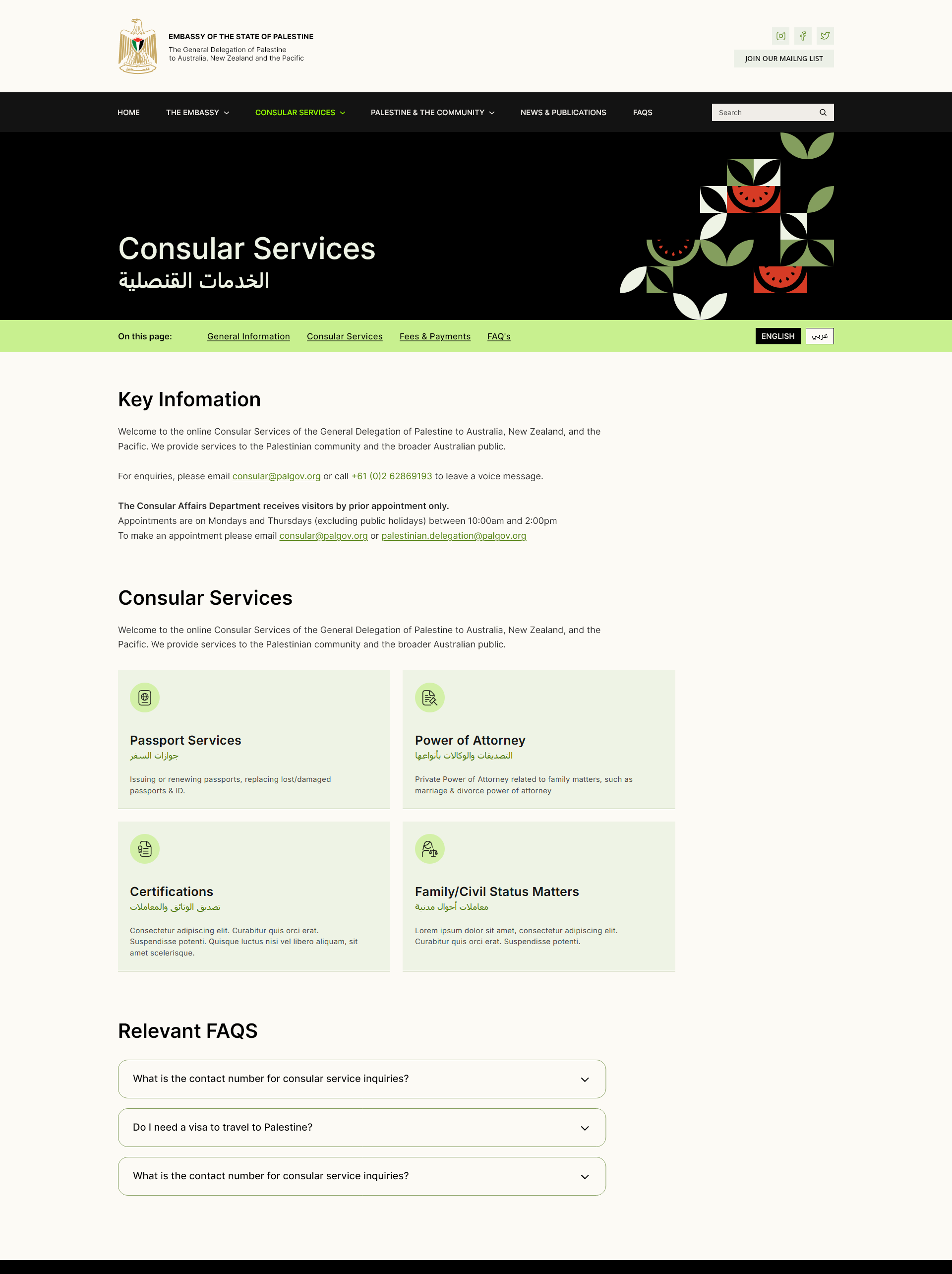 Palestine Embassy Consular Services design