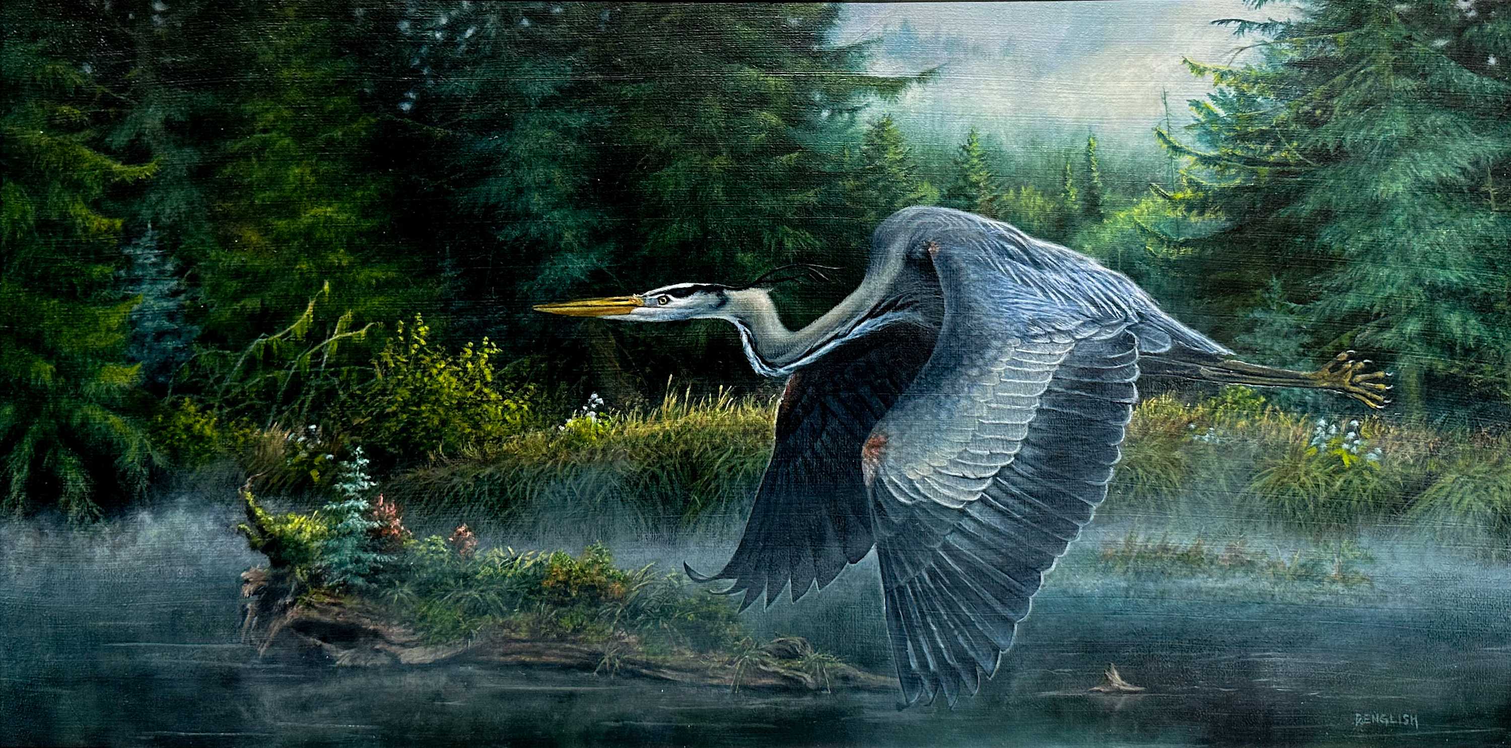 "GREAT BLUE HERON ON THE SILETZ" by Dave English
