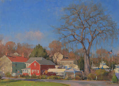 “COTTONWOOD AND HOUSES BY THE BOATYARD” by James Coe