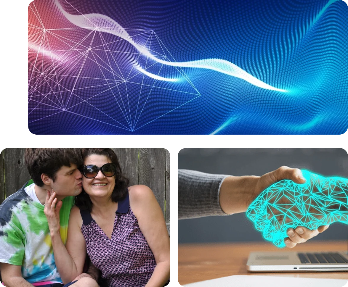 Akin research: an abstract AI network, a young man with his mother, and a human hand shaking a digital AI hand