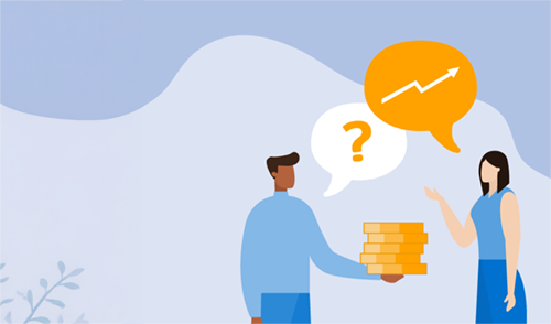Illustration of two people discussomg trading bitcoins for a metaphoric company showing increasing profitability.