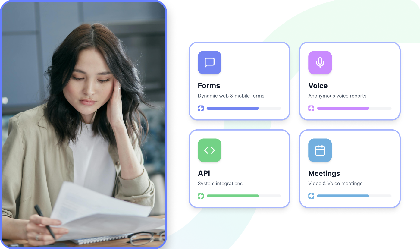 Receive report intake via forms, voice, meetings and API. Fully customisable