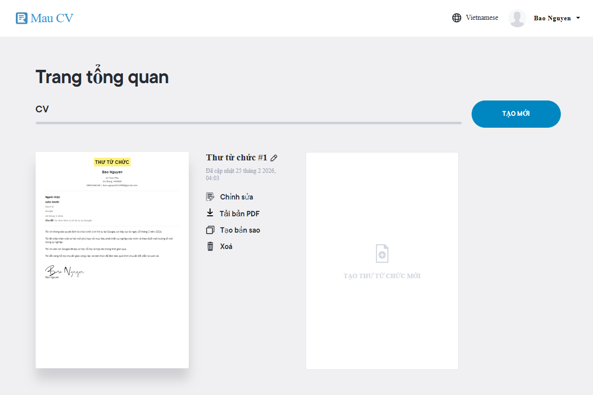 Giao diện tạo thư từ chức bằng AI