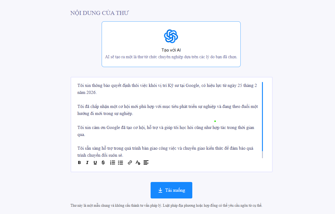 Bản xem trước nội dung thư từ chức bằng AI tạo ra