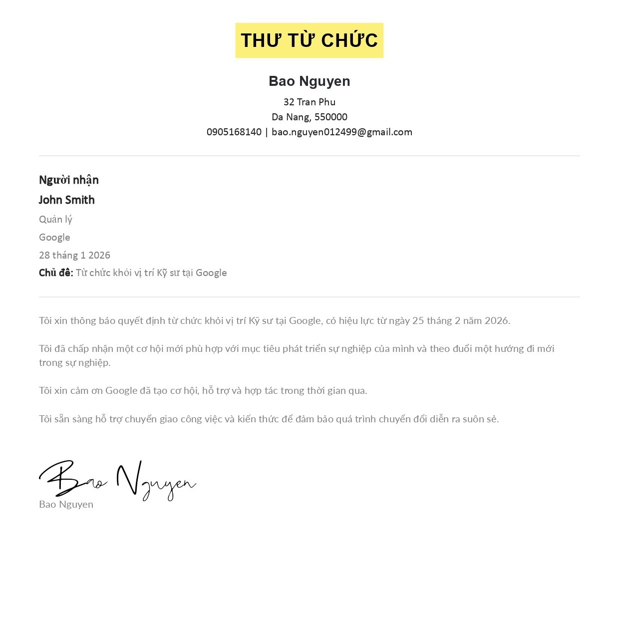 Ví dụ mẫu thư từ chức bằng AI tự động