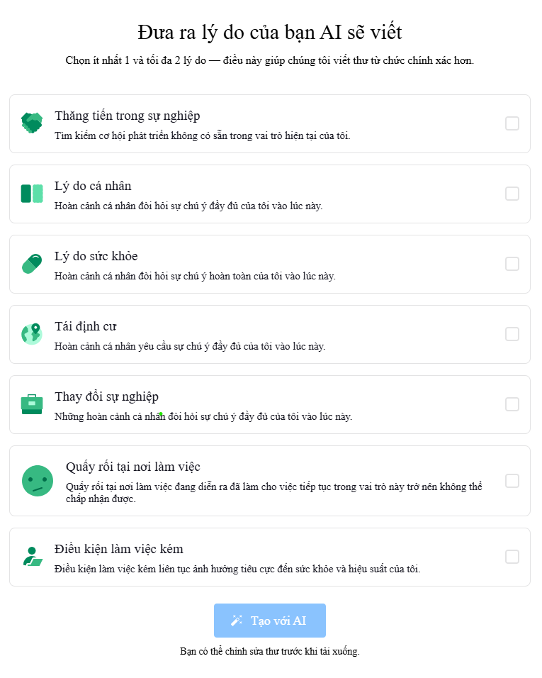 Minh họa các lý do thôi việc khi viết thư từ chức bằng AI