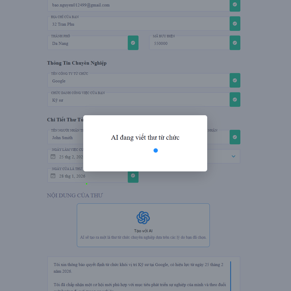 Đang thực hiện viết thư từ chức bằng AI