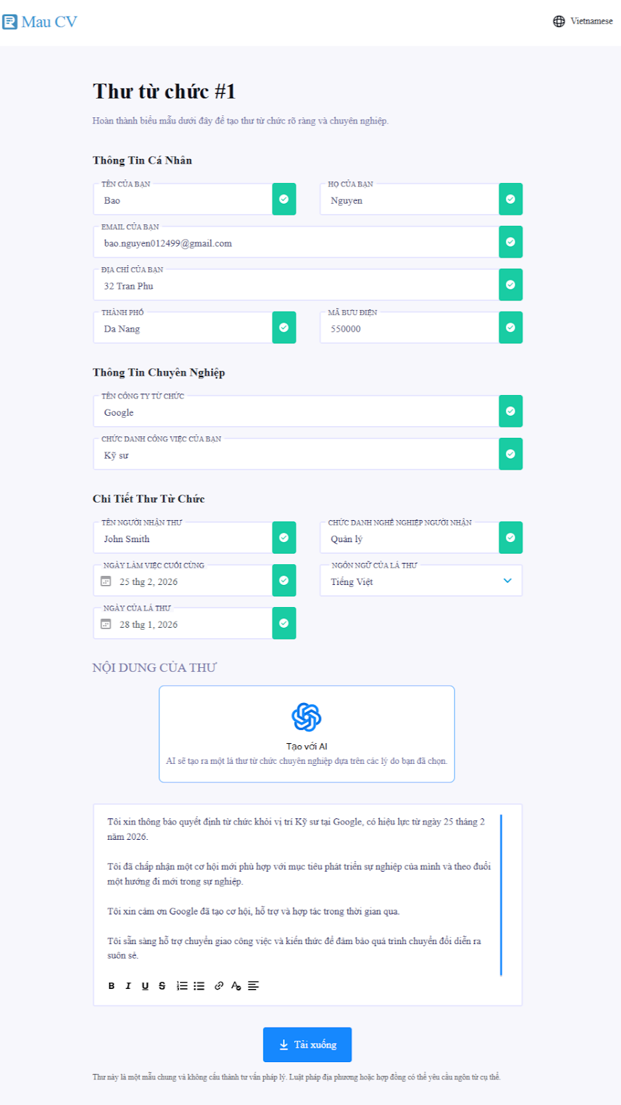  Mẫu điền vào thư từ chức bằng AI