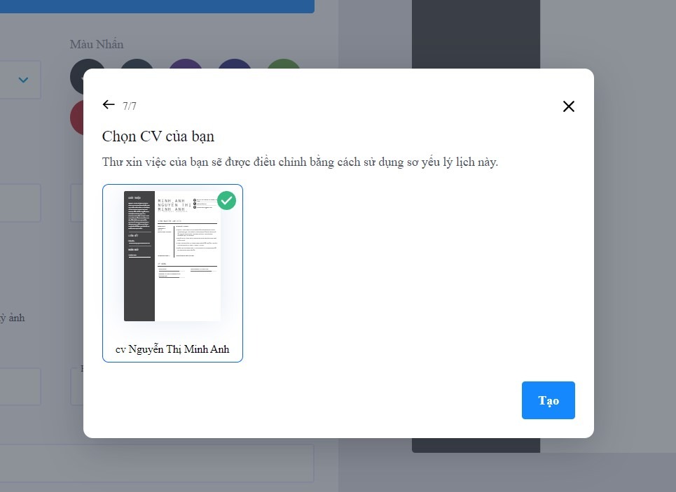 Chọn CV để hệ thống dễ dàng tạo thư xin việc bằng AI giúp bạn
