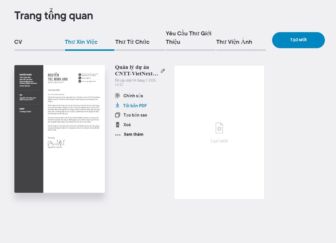 Thư xin việc bằng AI được tạo trực tuyến