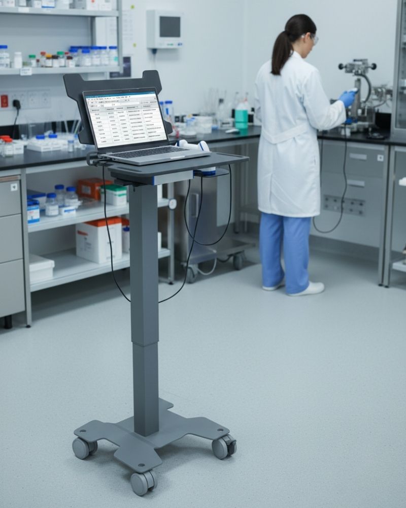 Wide-angle shot of a clean, modern pharmaceutical laboratory. In the foreground, the grey mobile workstation is positioned to the side in an open walkway, highlighting its portability. The laptop on the stand remains active, displaying a spreadsheet-style interface with project data and rows of information.