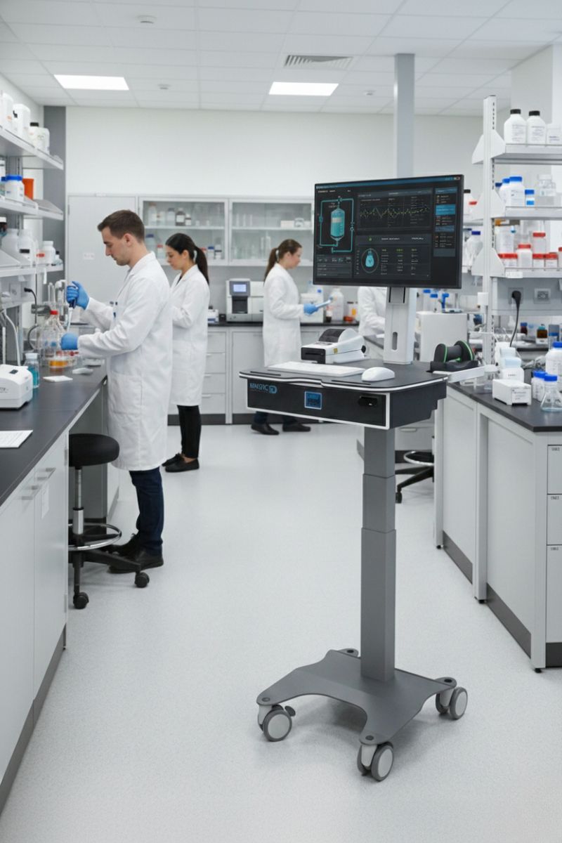 A grey mobile workstation with a data-filled monitor stands in the foreground of a clean, bright pharmaceutical lab where technicians in white coats work at benches in the background.