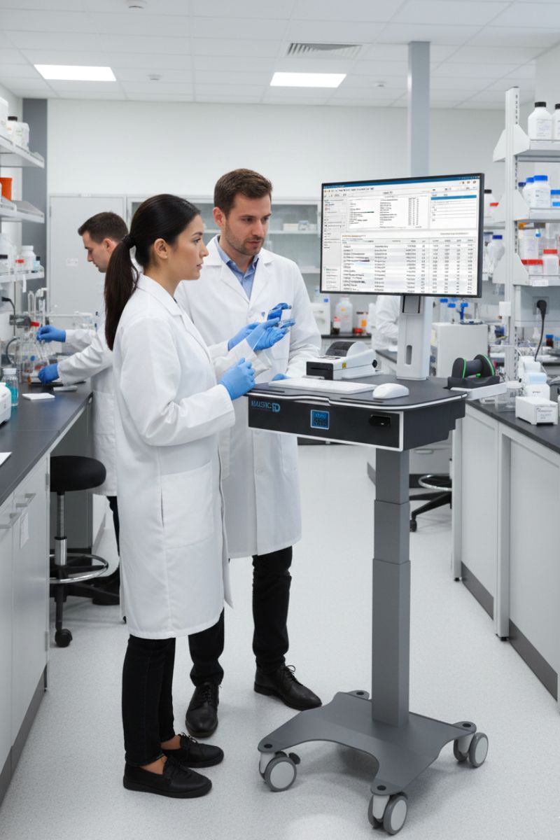 Two lab technicians inputting data in a mobile workstation inside a clean, bright pharmaceutical lab where technicians in white coats work at benches in the background.