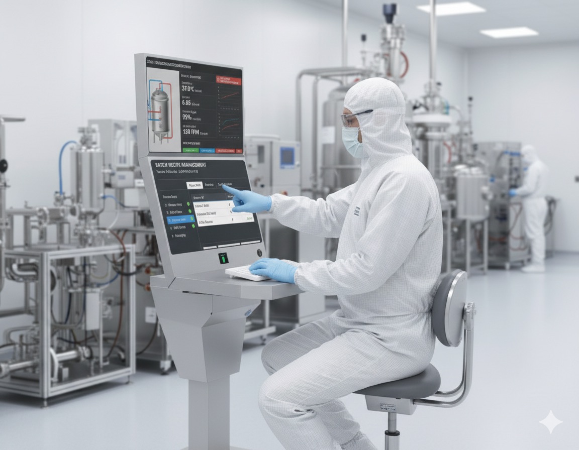 A close-up view of a technician in a sterile cGMP biotech environment sitting on an ergonomic, stainless steel cleanroom stool. He is interacting with the mobile workstation, which features a dual-monitor setup displaying batch recipe management and process flow data.