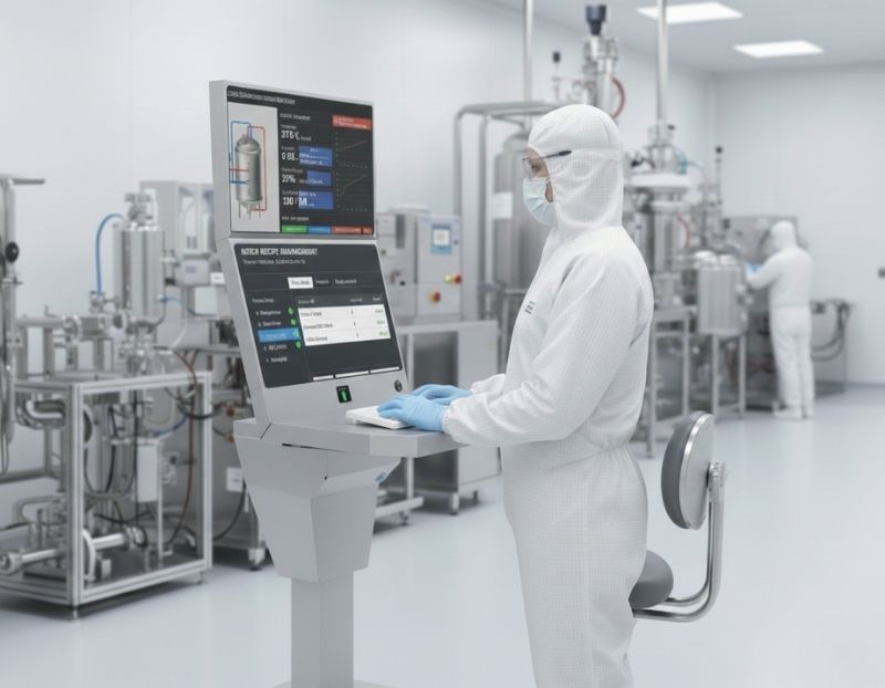 A female technician in a full white cleanroom suit and blue gloves stands at the mobile workstation, typing on the keyboard. In the background, a colleague works near large-scale stainless steel bioreactors within the sterile cGMP biotech lab. The dual monitors display real-time batch production data and process schematics.