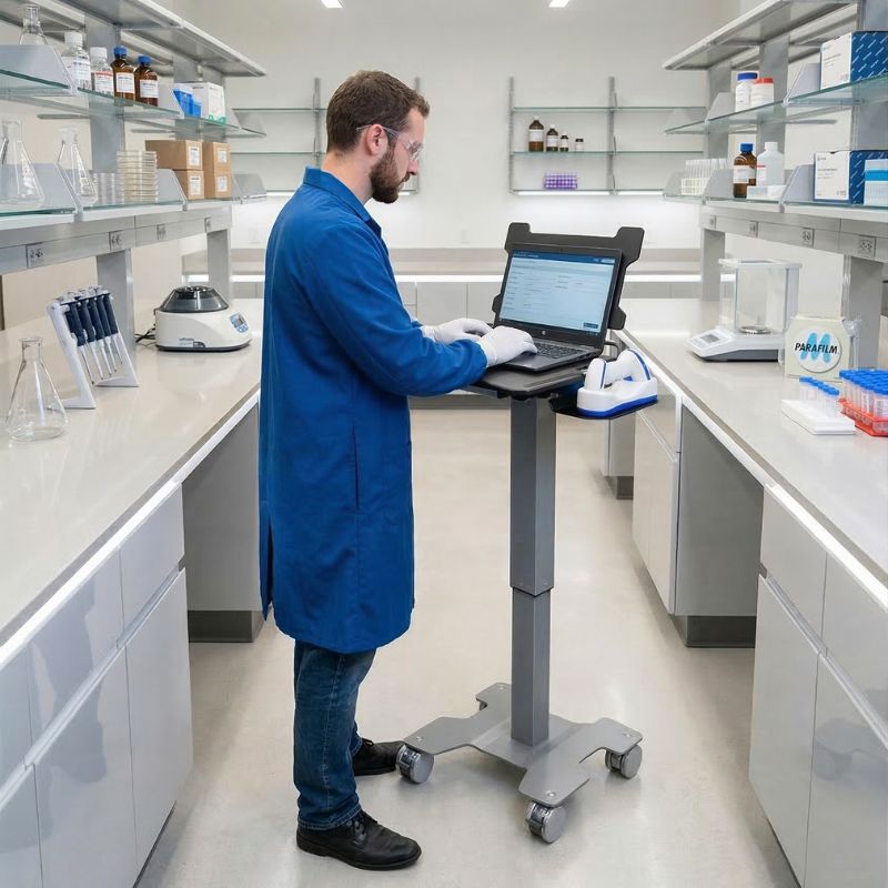 A scientist wearing a blue lab coat and gloves working on a laptop mounted on a mobile stand in a modern laboratory.