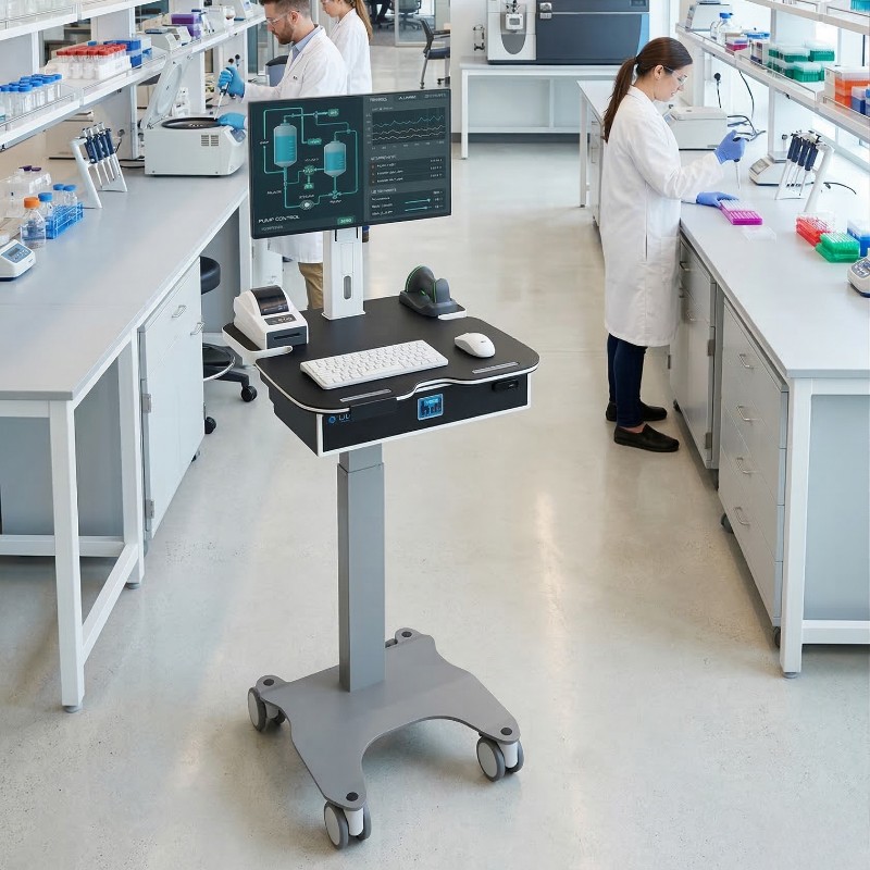 Modern laboratory with scientists working at benches and a mobile workstation with a monitor displaying pump control data.