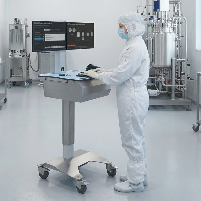 Person in full cleanroom suit and face mask operating a barcode scanner at a mobile workstation with dual monitors in a sterile industrial lab.