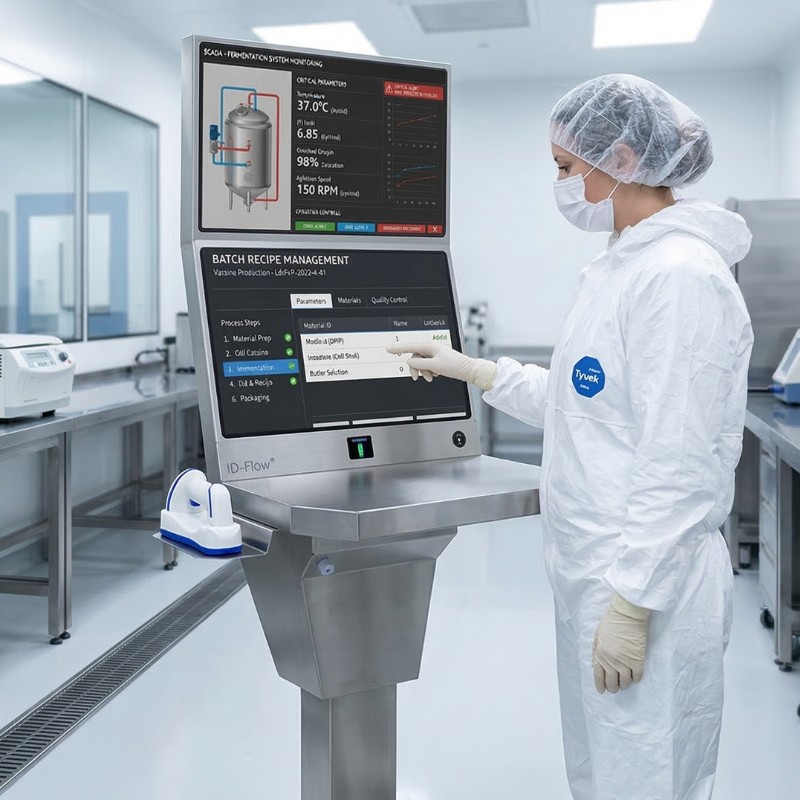 A lab technician in protective gear interacts with a touchscreen monitor displaying batch recipe management and fermentation system data.